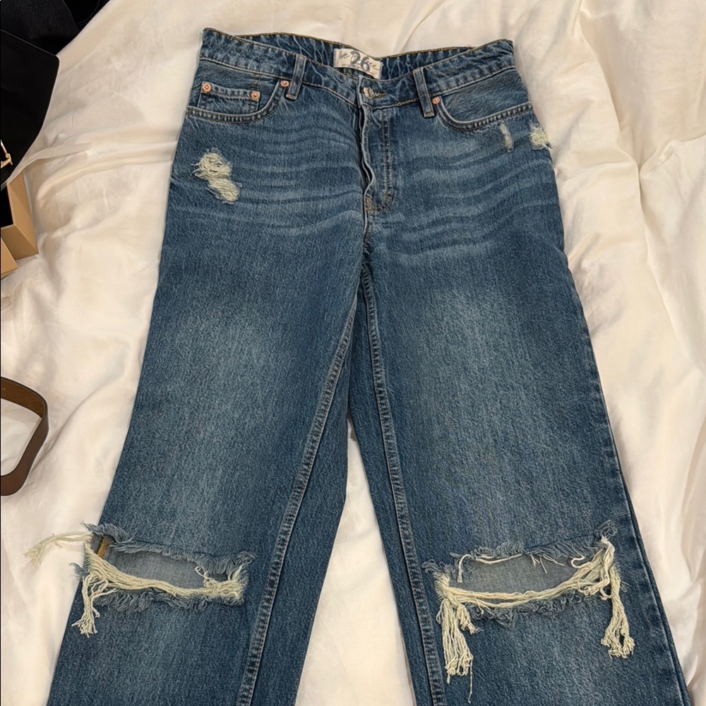 Free People Blue Straight Leg Jeans with Distressed Details
